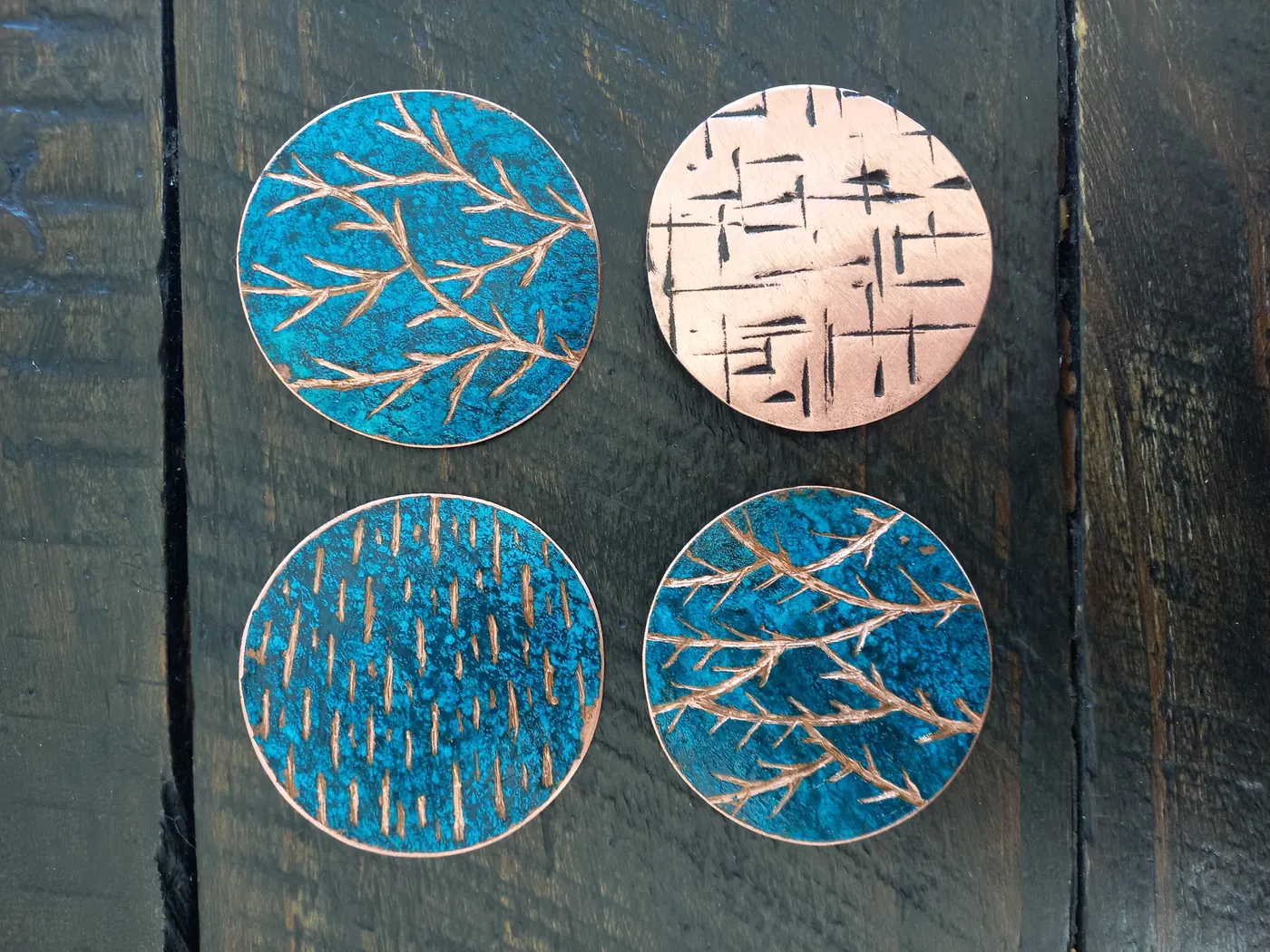 Brooches, copper, patina