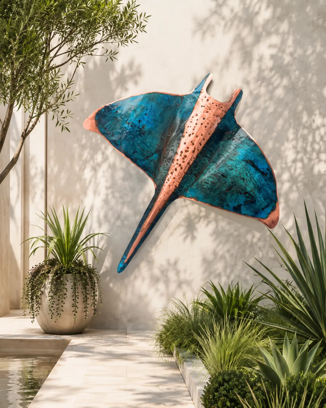 A giant copper manta ray with blue-green patina, mounted on a sunlit garden wall