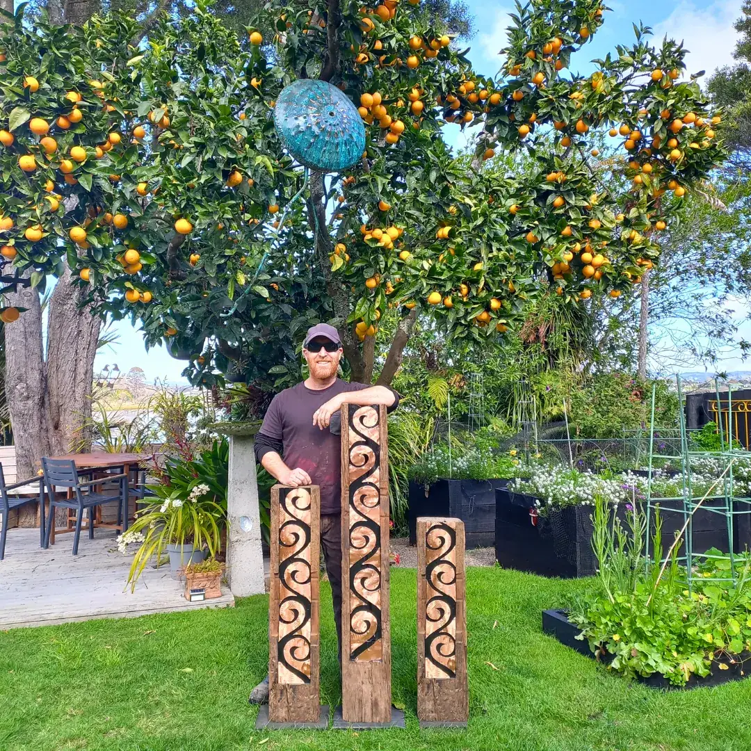 Garden Sculptures, reclaimed railway sleepers, copper, steel