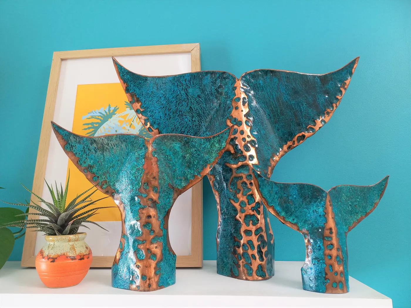 Whale Tails, set of three, copper, blue patina or two-tone