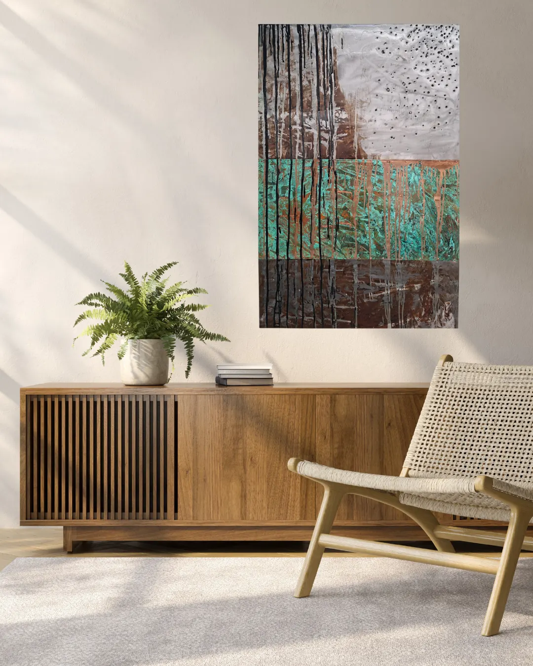 Autumn Drift, a rectangular copper and patina panel, above a timber credenza