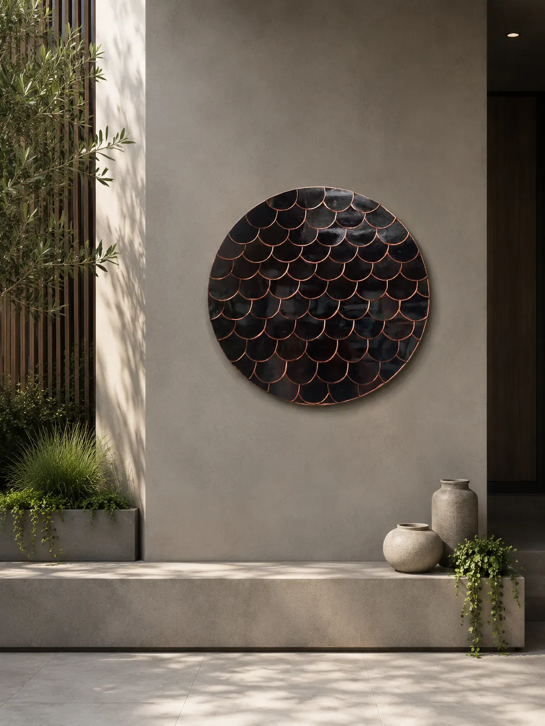 Obsidian Flow, a disc of black-patinated copper scales, on a poured concrete wall