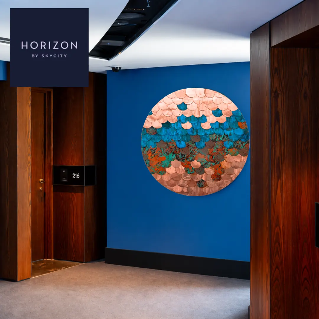 One of four large copper works by Isaac Weston, permanently installed at the SkyCity Horizon Hotel, Auckland