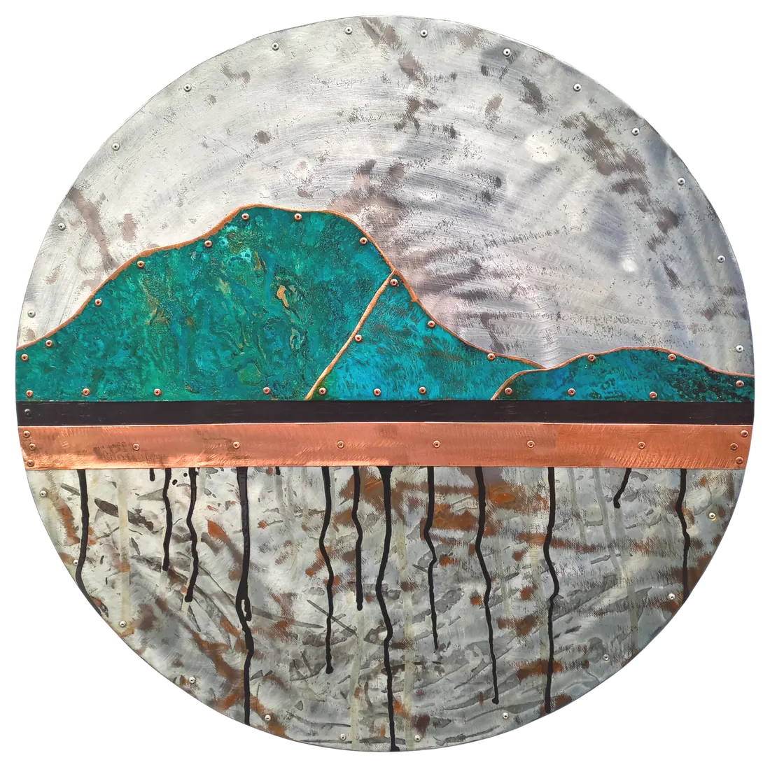 Mountain Silhouette Circles, steel, copper patina on wood, From 500mm